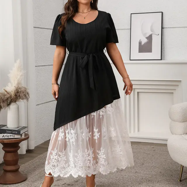 Women's Stitching Lace Lace up Dress Loose Black - Shop at LoveMi