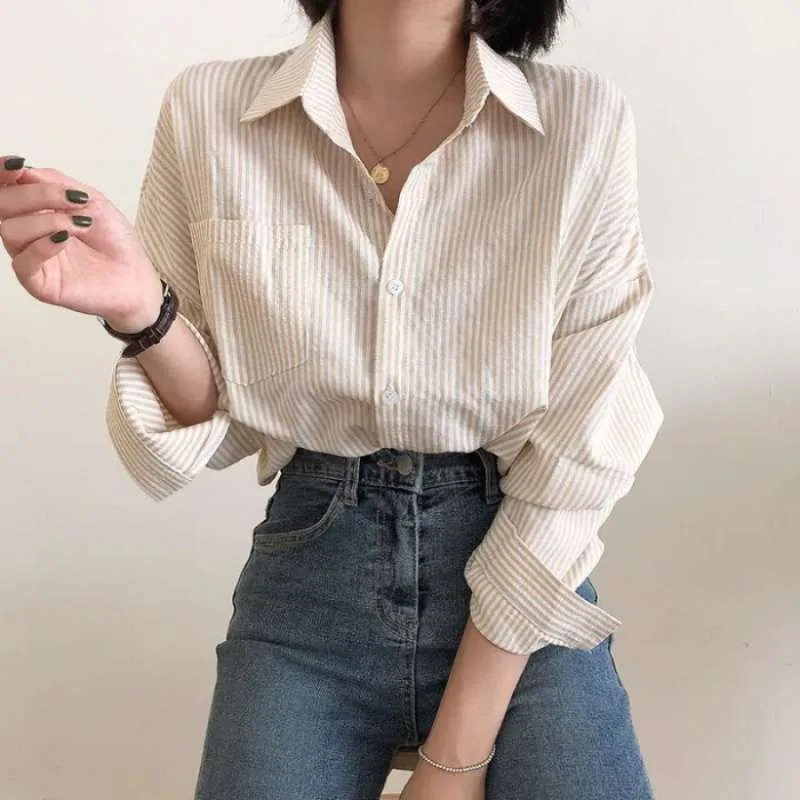 Casual Elegant High-rise Wide Striped Long Fleece Shirt Women's Top - Apricot - View 1