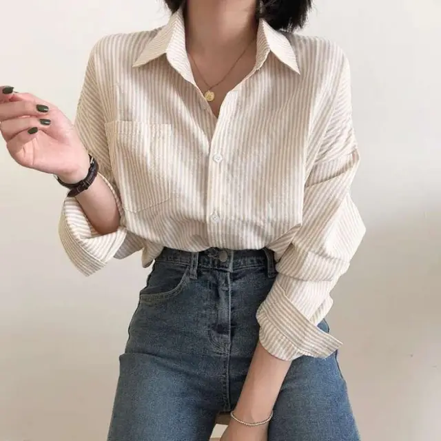 Casual Elegant High rise Wide Striped Long Fleece Shirt Women's Top Apricot - Shop at LoveMi