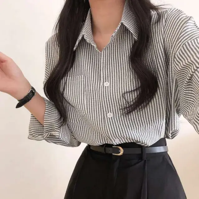 Casual Elegant High rise Wide Striped Long Fleece Shirt Women's Top Black - Shop at LoveMi