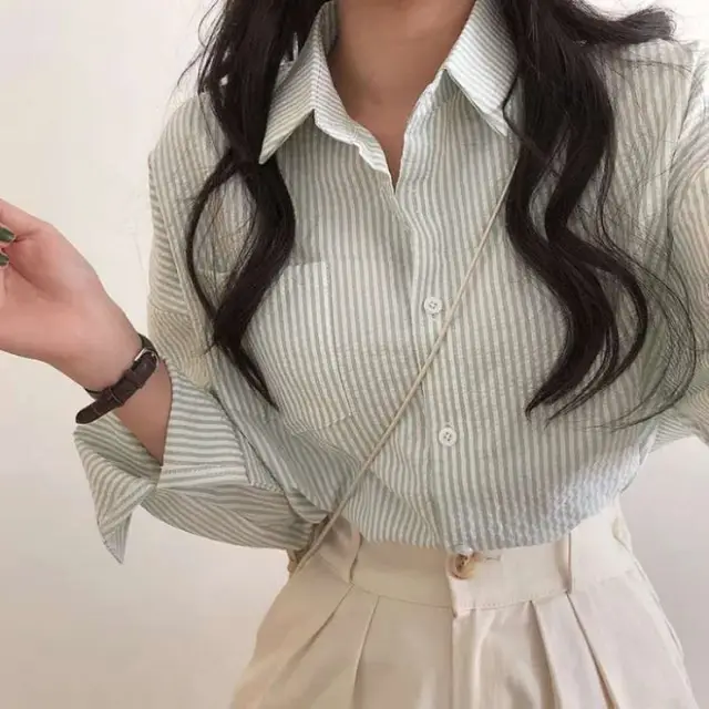 Casual Elegant High rise Wide Striped Long Fleece Shirt Women's Top Green - Shop at LoveMi