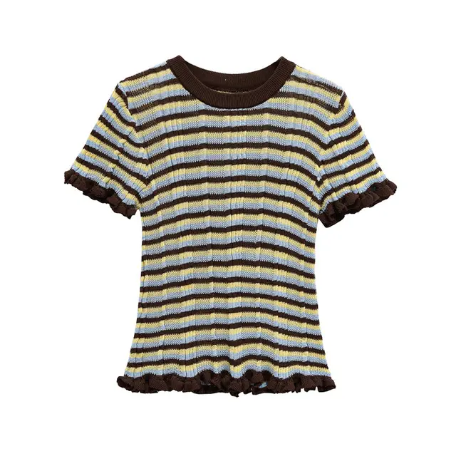 Simple Style Striped Round Neck Laminated Decoration Striped T shirt Brown - Shop at LoveMi