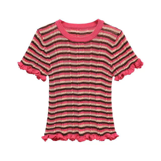 Simple Style Striped Round Neck Laminated Decoration Striped T shirt Red - Shop at LoveMi