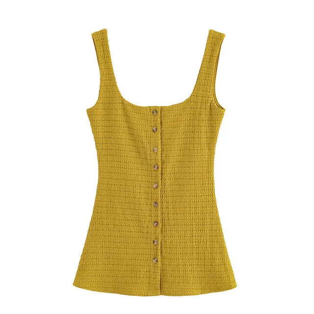 Button Decoration Square Collar Wide Shoulder Strap Sleeveless Top Texture Mid Waist Bell bottom Pants Top - Shop at LoveMi