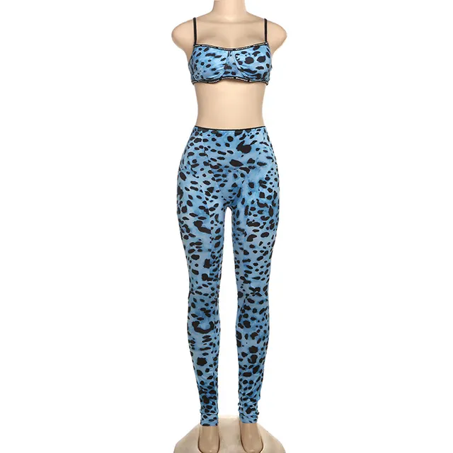 Leopard Print Sexy Suspender High Waist Tight Trousers Two piece Set Blue - Shop at LoveMi