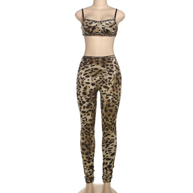 Leopard Print Sexy Suspender High Waist Tight Trousers Two piece Set Leopard Color - Shop at LoveMi