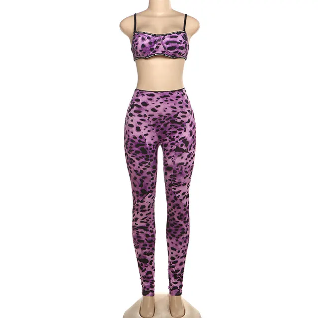 Leopard Print Sexy Suspender High Waist Tight Trousers Two piece Set Purple - Shop at LoveMi