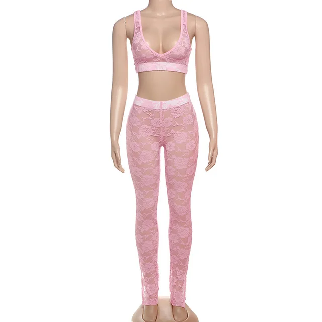 Spaghetti Straps Chest Wrap Stitching Lace Slim Fit Midriff baring Trousers Suit Pink - Shop at LoveMi
