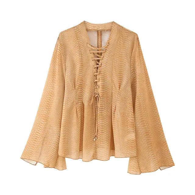 Solid Color Wide Sleeve Lace up Decorative Chiffon Top Orange - Shop at LoveMi