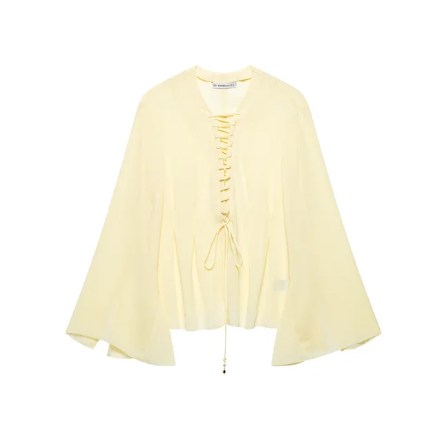 Solid Color Wide Sleeve Lace up Decorative Chiffon Top Picture Color - Shop at LoveMi