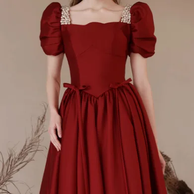 Red Satin Puff Sleeve Evening Gown Wine Red - Shop at LoveMi