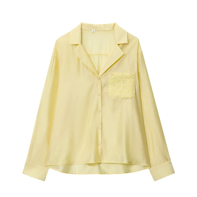 Solid Color Embroidered Pocket Shirt Yellow - Shop at LoveMi