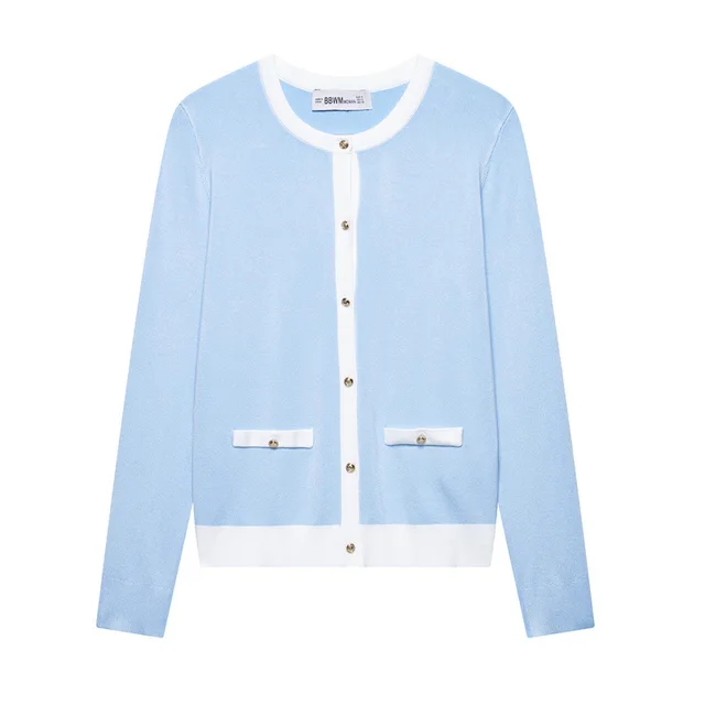 Solid Color Stitching Edge Knitted Coat Blue - Shop at LoveMi