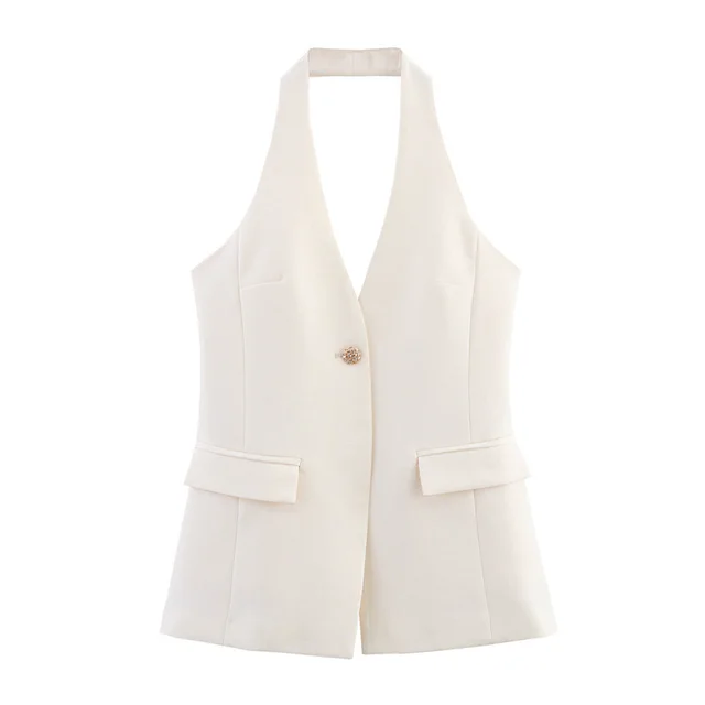 Design Solid Color Slim White One Button Halter Picture Color - Shop at LoveMi