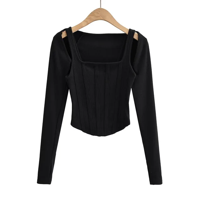 Short Fishbone Vest Waistcoat T shirt Long Sleeve Two piece Set Black - Shop at LoveMi