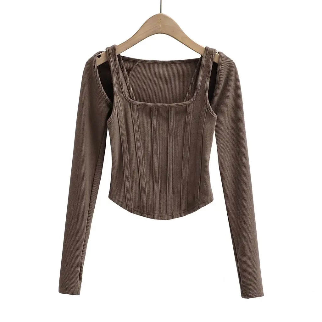 Short Fishbone Vest Waistcoat T-shirt Long Sleeve Two-piece Set - Brown