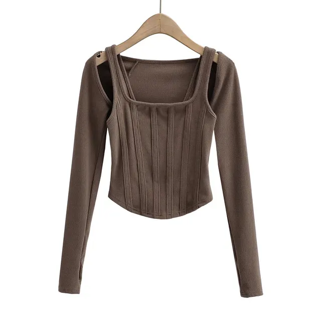 Short Fishbone Vest Waistcoat T shirt Long Sleeve Two piece Set Brown - Shop at LoveMi