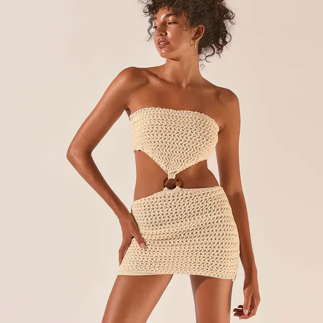 Women's Fashionable Knitted Dress Tube Top Short Skirt Beige - Shop at LoveMi