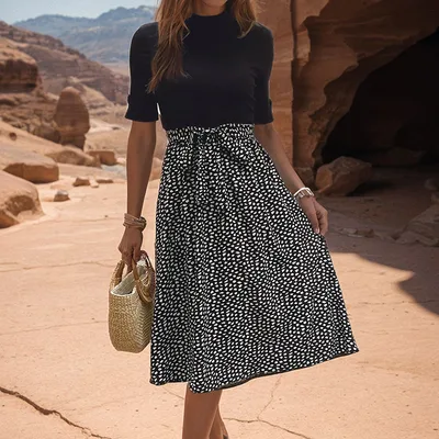 All match And Sweet Half Turtleneck Leopard Print Color matching Dress Black And White - Shop at LoveMi