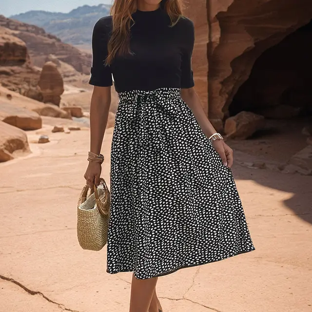 All match And Sweet Half Turtleneck Leopard Print Color matching Dress Black And White - Shop at LoveMi