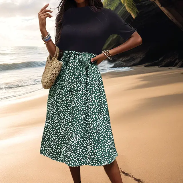 All match And Sweet Half Turtleneck Leopard Print Color matching Dress Dark Green - Shop at LoveMi