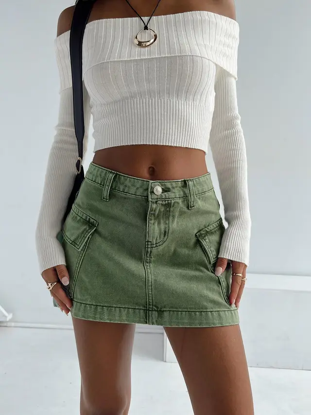 Solid Color Low Waist Denim Slim Fit Package Hip Skirt Green - Shop at LoveMi