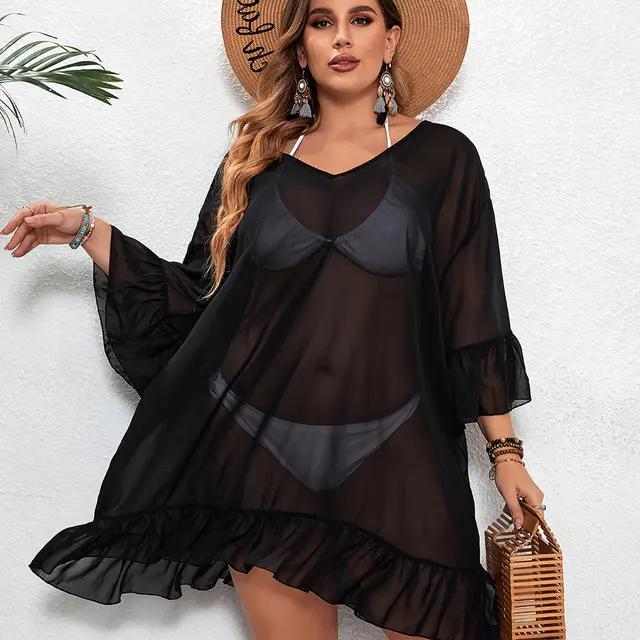 Plus Size See through Sexy Sun Protection Bikini One piece Beach Dress Black - Shop at LoveMi