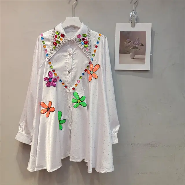 Beaded Lapel Women's Long Sleeve Loose Autumn Winter Shirt White - Shop at LoveMi