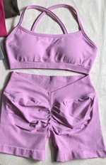 Halter Backless Bra High Waist Peach Sports Shorts Suit - Bubble Powder Bra Shorts Set-M - View 1