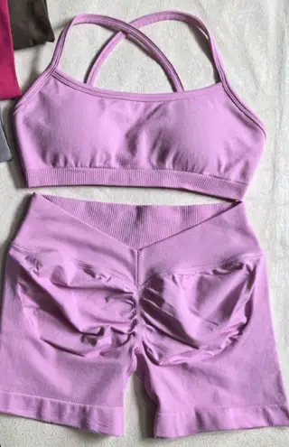 Halter Backless Bra High Waist Peach Sports Shorts Suit - Bubble Powder Bra Shorts Set - View 1