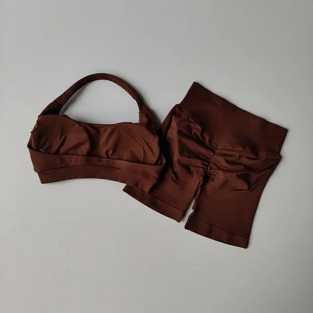 Halter Backless Bra High Waist Peach Sports Shorts Suit Chestnut - Shop at LoveMi