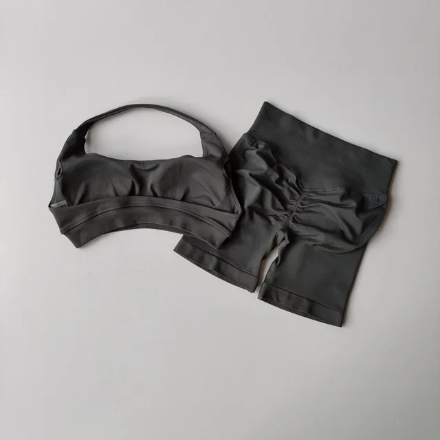 Halter Backless Bra High Waist Peach Sports Shorts Suit Dark Gray - Shop at LoveMi