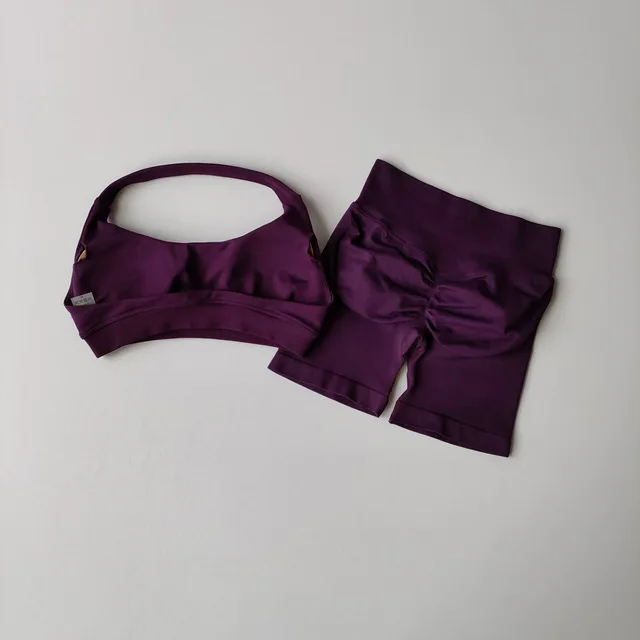 Halter Backless Bra High Waist Peach Sports Shorts Suit Eggplant - Shop at LoveMi