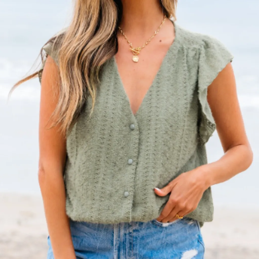 Laurel Green Flutter Sleeve Lace V Neck Shirt - Laurel Green