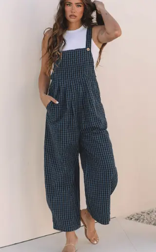 Sail Blue Plaid Print Buttoned Pocketed High Waist Overall - Sail Blue