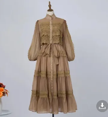 Vacation Style Half Sleeve Refined Handmade Lace Stitching Lantern Swing Dress Khaki - Shop at LoveMi