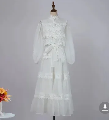 Vacation Style Half Sleeve Refined Handmade Lace Stitching Lantern Swing Dress White - Shop at LoveMi