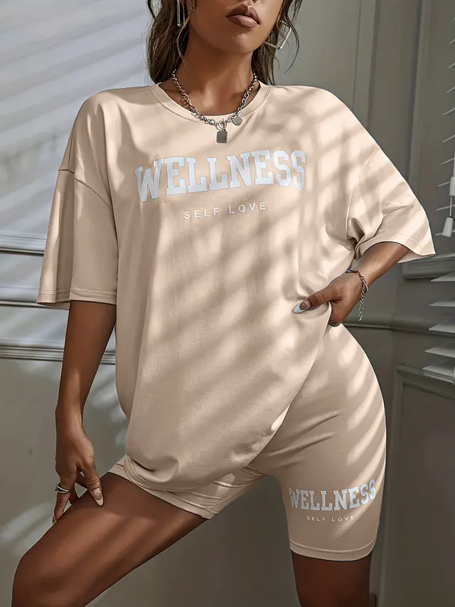 Loose Sport Letters Printed Shorts Suit Apricot - Shop at LoveMi