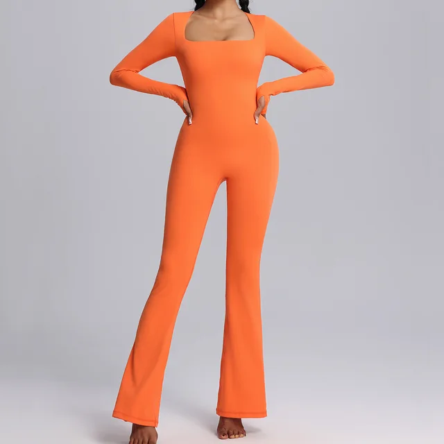 Women's Long Sleeve Yoga Jumpsuit High Elastic Breathability Vibrant Orange - Shop at LoveMi