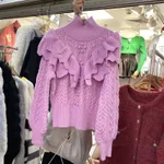Pullover Knitted Top Ruffled Thick Turtleneck Sweater - Purple