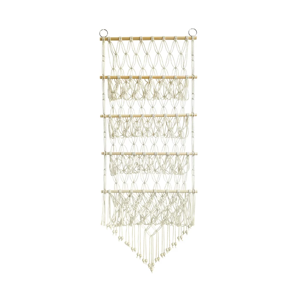 Four-layer Wooden Stick Toy Storage Net Pocket Storage Rack Decorative Woven Storage Rack Multi-layer - 1Style Beige