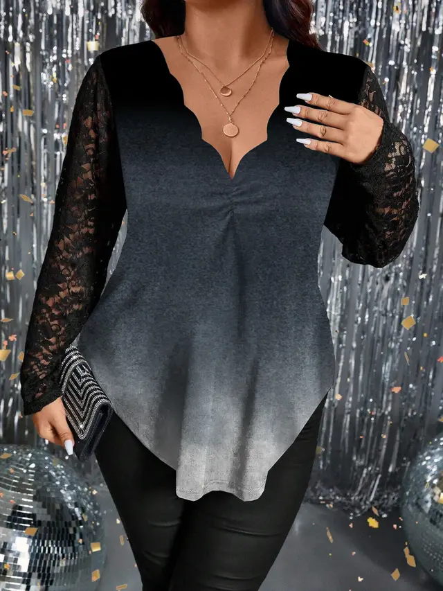 Women's Elegant Lace Wave V neck Long sleeved T shirt Gray - Shop at LoveMi