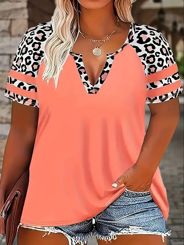 Leopard Print Printed V neck Women's Versatile Casual Slim fit Short Sleeve G95Vz86 - Shop at LoveMi