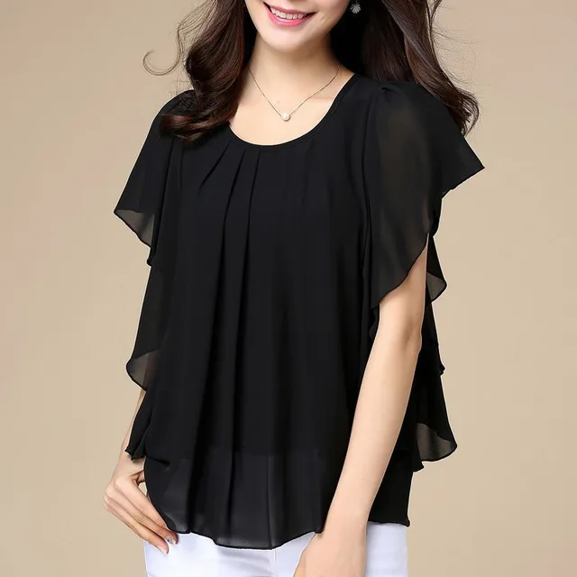 Plus Size Women's Loose Solid Color Chiffon Shirt Black - Shop at LoveMi