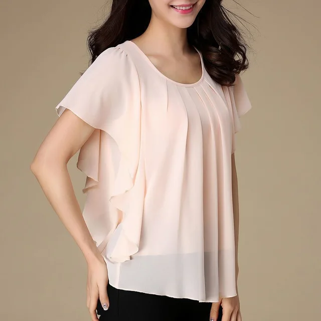 Plus Size Women's Loose Solid Color Chiffon Shirt Pink - Shop at LoveMi