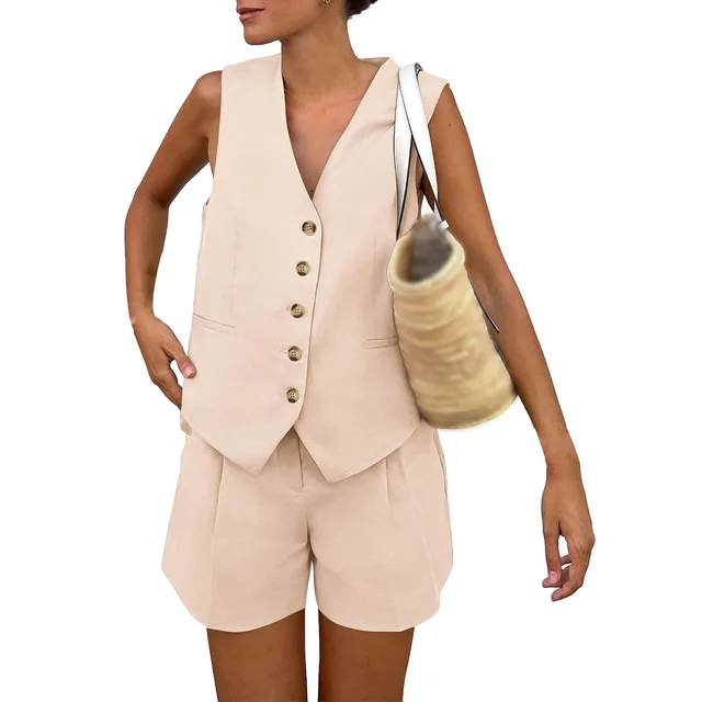 Sleeveless Vest Shorts Casual Suit Apricot - Shop at LoveMi