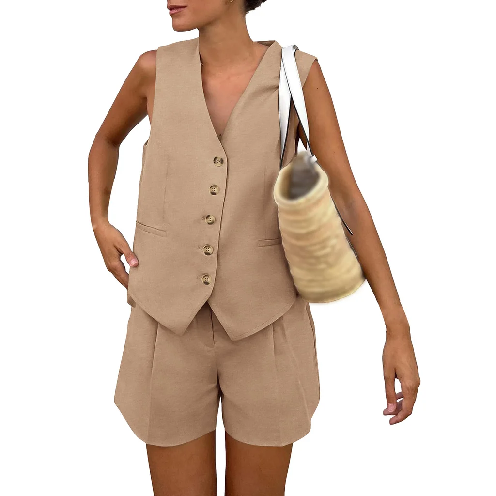 Sleeveless Vest Shorts Casual Suit - Khaki
