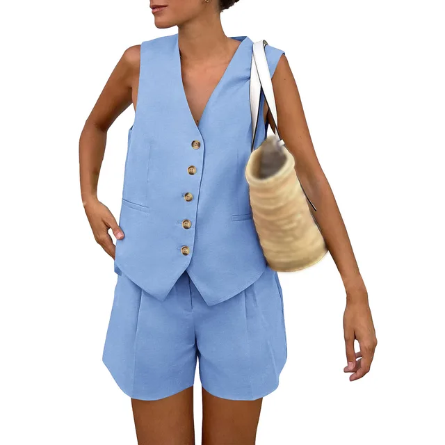Sleeveless Vest Shorts Casual Suit Light Blue - Shop at LoveMi