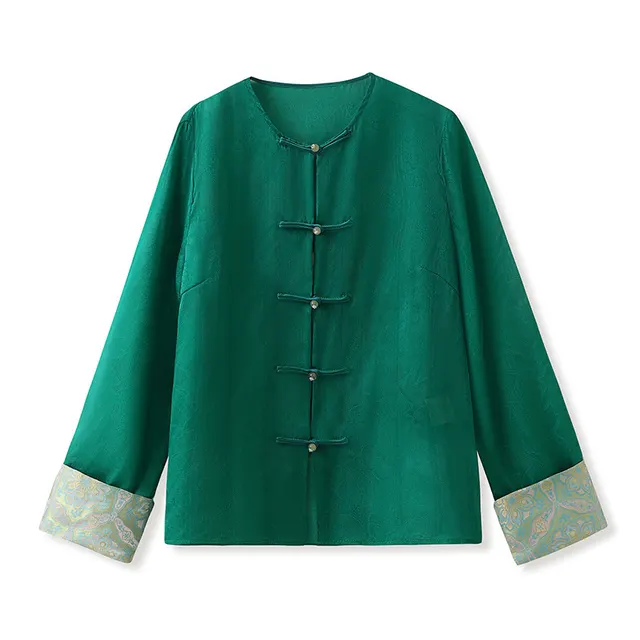 High end Embroidery Shirt Buckle Retro Thin Fashion Tops Women Green - Shop at LoveMi