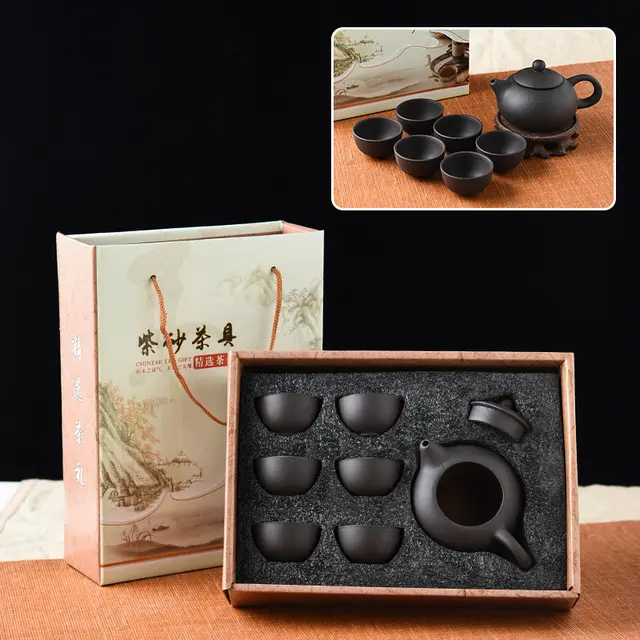 Purple Sand Tea Set Suit Ceramic Kung Fu Purple Sand Teapot Black 1 Pot 6 Cups Gift Box - Shop at LoveMi